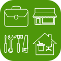 Icon containing four symbols - a briefcase indicating professionals, a shop front indicating small businesses, tools indicating tradespeople and a home office indicating home workers